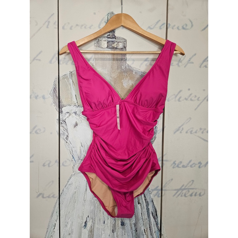 NWT J.Crew Ruched V-Neck One-Piece Swimsuit 6 Pink Razzberry BC116